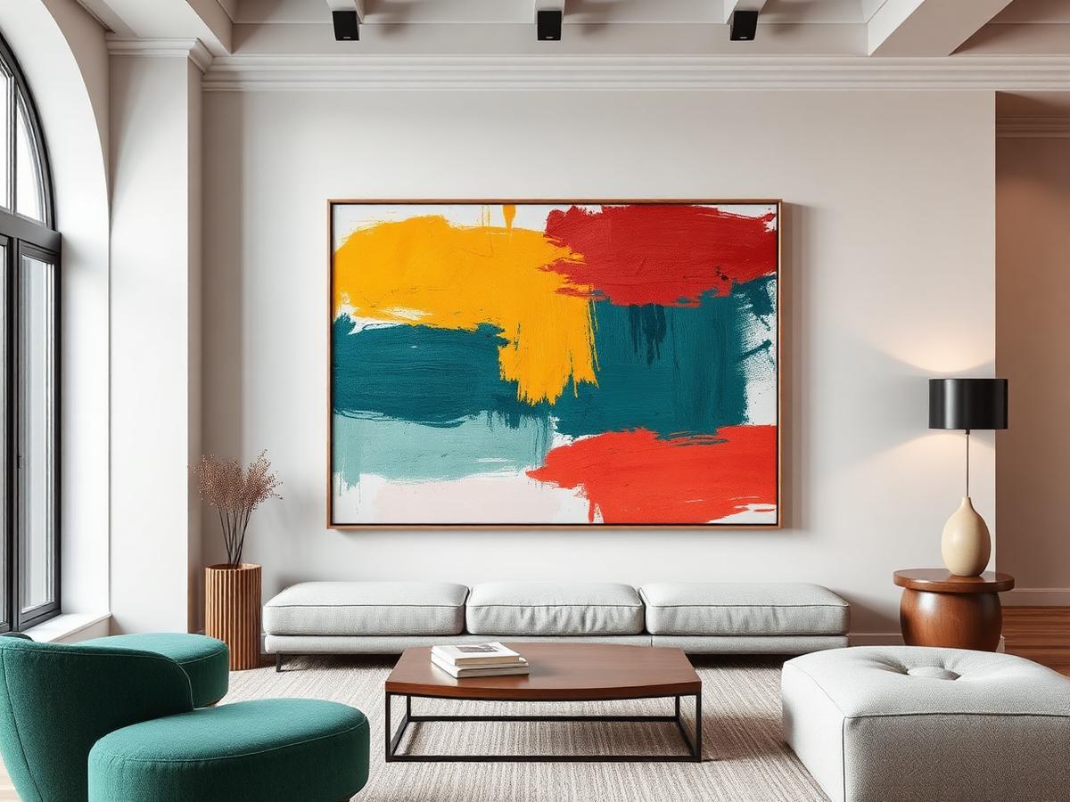 Grand tableau abstrait aux couleurs vibrantes dans un salon design