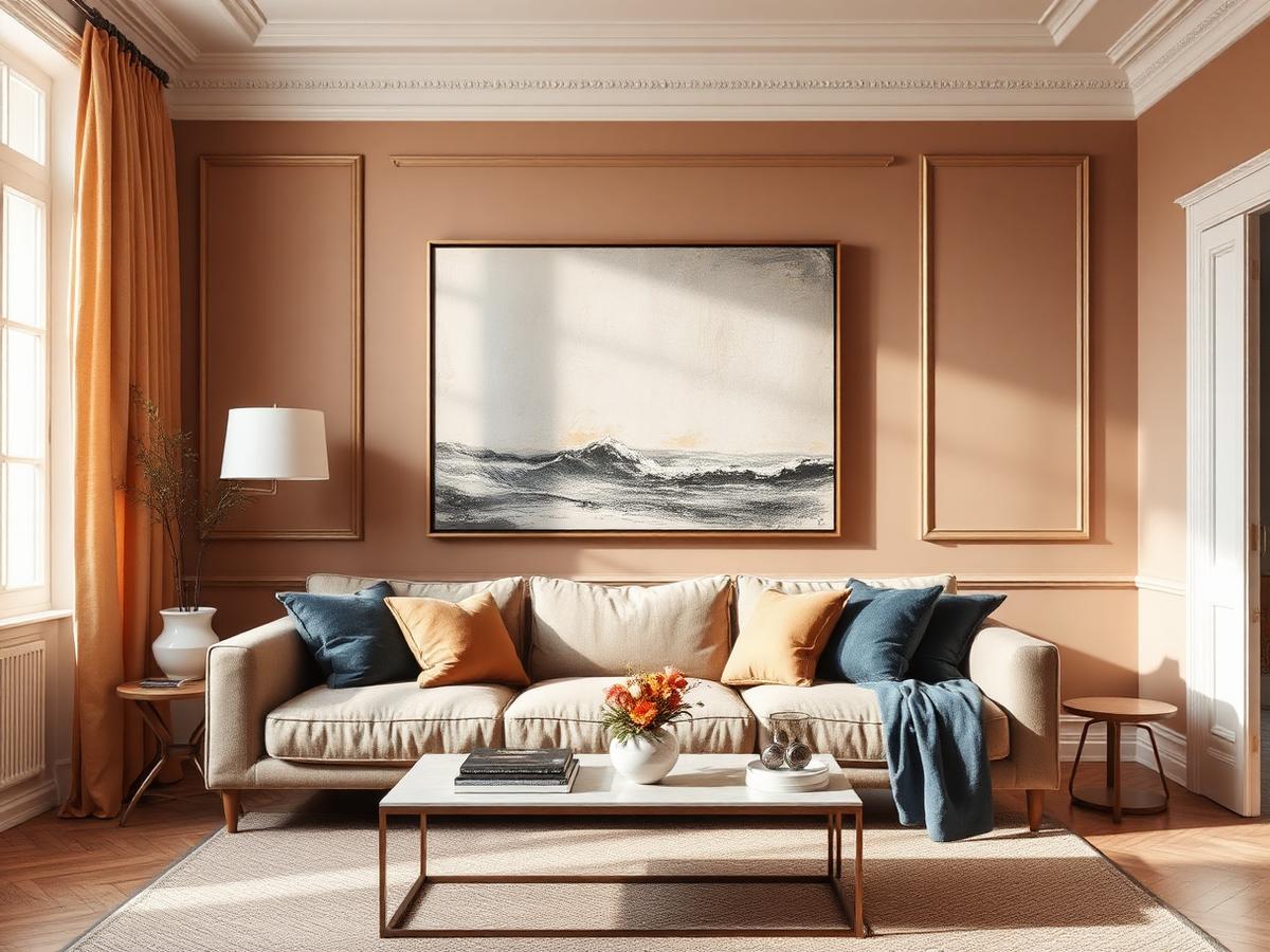 Intérieur lumineux avec un grand tableau contemporain accroché au-dessus d'un canapé