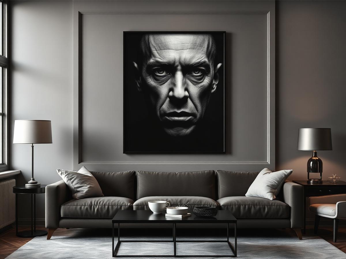 Tableau portrait de femme accroché au-dessus d'un canapé dans un salon contemporain