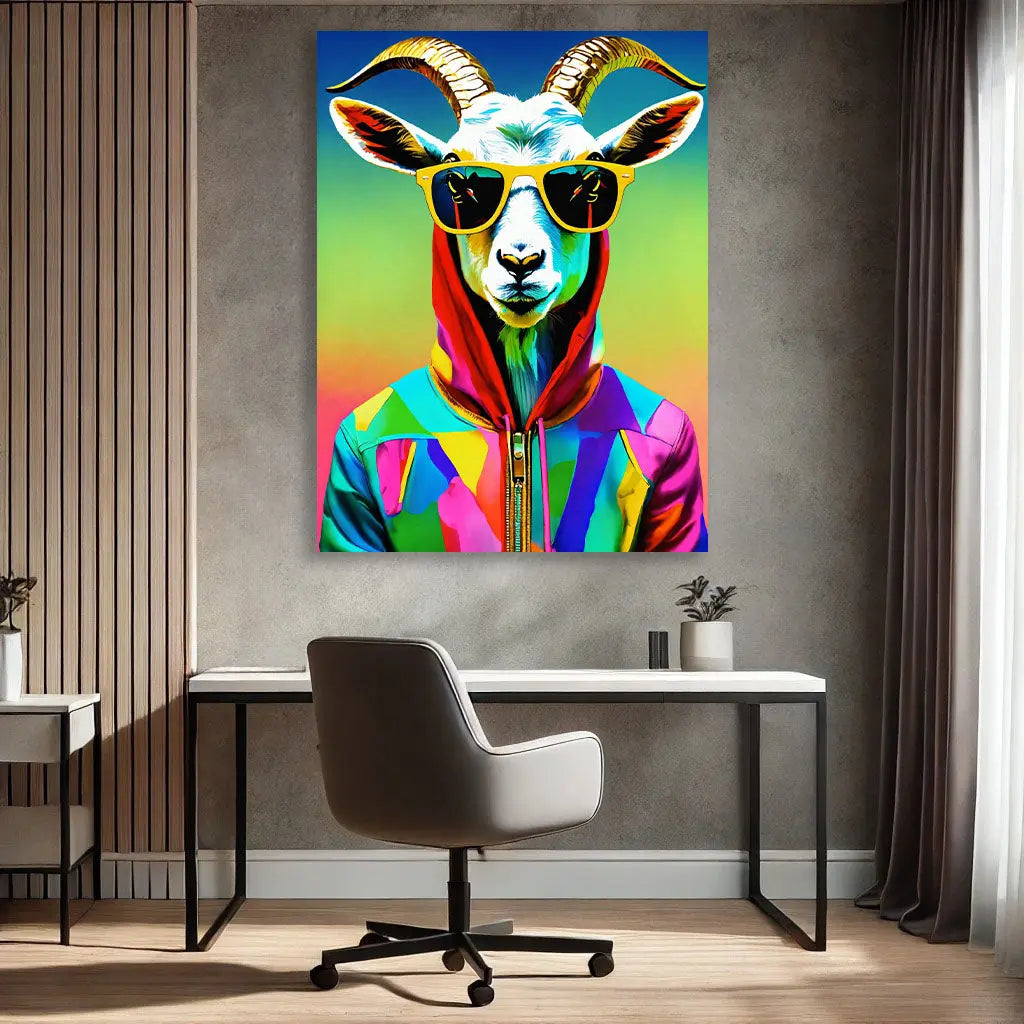 Découvrez le Tableau Bouc Hipster, une œuvre Pop Art colorée qui sublime votre décoration intérieure. Ses nuances éclatantes et son design contemporain s'intègrent parfaitement à un salon ou un bureau moderne, ajoutant une touche artistique audacieuse.
