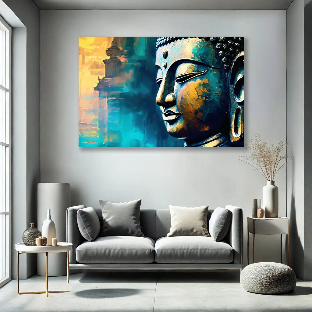 Le Tableau Bouddha Bleu illumine l'espace de sa présence sereine. Avec ses tons subtils et son style abstrait, il s'intègre parfaitement aux décorations modernes et ethniques, ajoutant une touche de spiritualité à la pièce.