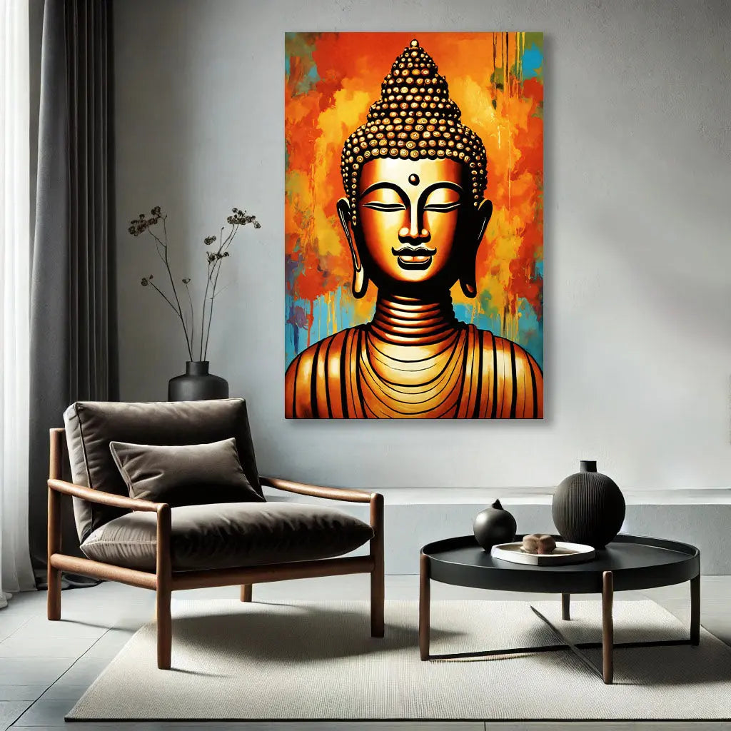 Le Tableau Bouddha Doré enrichit la décoration d'un salon ou d'une chambre grâce à ses détails dorés et son style moderne. Il s'intègre parfaitement aux intérieurs qui recherchent une ambiance apaisante et élégante.