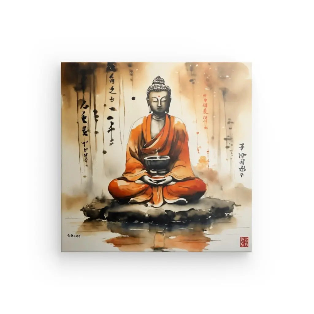 Détails des lignes harmonieuses et des couleurs apaisantes du Tableau Bouddha Japonais, représentant une fusion de l'art abstrait et ethnique.