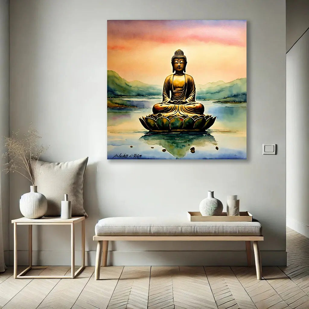 Pour le tableau dans une pièce : Ce Tableau Bouddha sur Fleur de Lotus, en style aquarelle, est idéal dans un espace zen et épuré. Ses tons doux et son rendu artistique en font une pièce maîtresse de la déco Bouddha. Ce tableau Bouddha ajoute une atmosphère apaisante à tout décor.