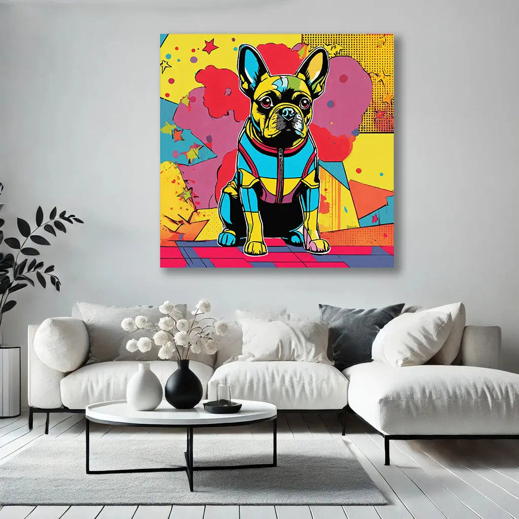 Ce Tableau Bouledogue Français, en style pop art, s’intègre avec éclat dans un intérieur moderne ou industriel. Ses couleurs vibrantes et son design unique ajoutent une touche de fun et de sophistication.