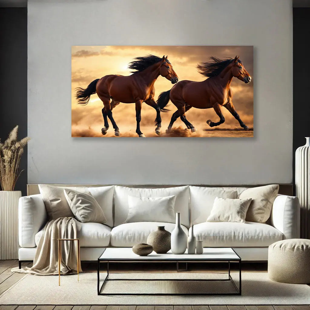 Le Tableau Chevaux au Galop, avec ses détails réalistes et sa représentation saisissante, enrichit l'espace en apportant une touche de dynamisme et d'élégance. Ce tableau animaux s'intègre parfaitement dans un salon ou un bureau moderne.