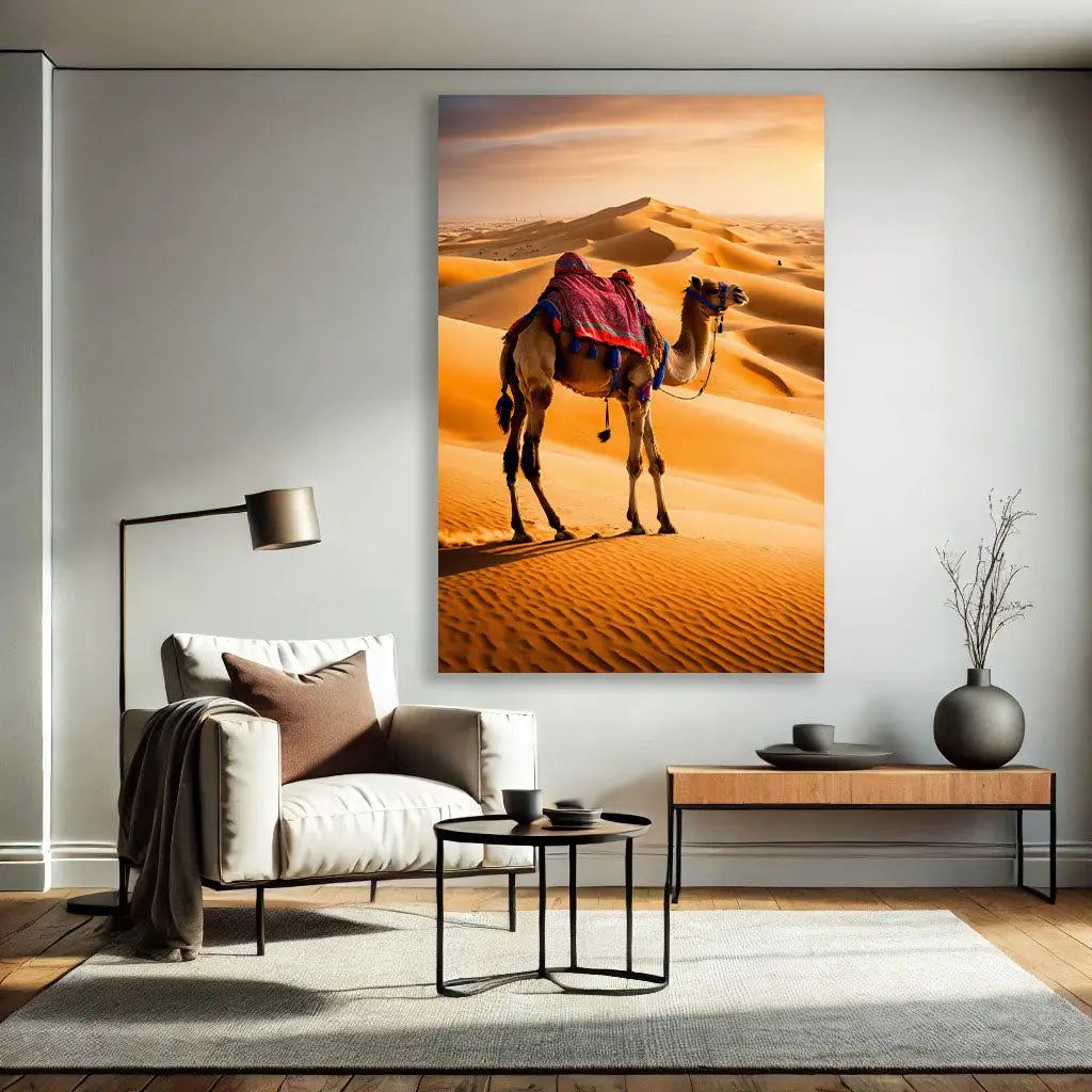 Le Tableau Dromadaire du Désert, avec ses détails réalistes et ses nuances chaudes, s’intègre parfaitement dans un salon ou un bureau. Son design réaliste et son thème évocateur apportent une touche d’élégance et d’exotisme à votre intérieur.