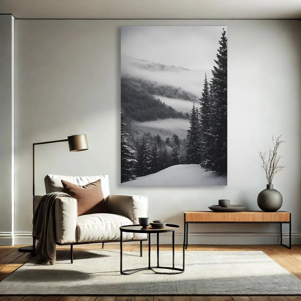 Ce Tableau Forêt Enneigée, en noir et blanc et avec un style réaliste, ajoute une touche apaisante et élégante dans une pièce moderne ou classique, parfait pour une ambiance naturelle et sereine.