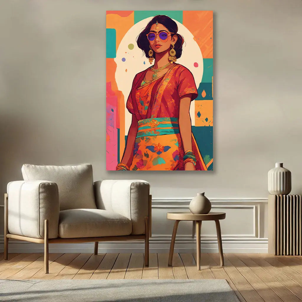 Le Tableau Indienne exposé dans un salon spacieux, rehaussant la pièce avec ses couleurs riches et son style distinctif, apportant une touche de culture et de raffinement.