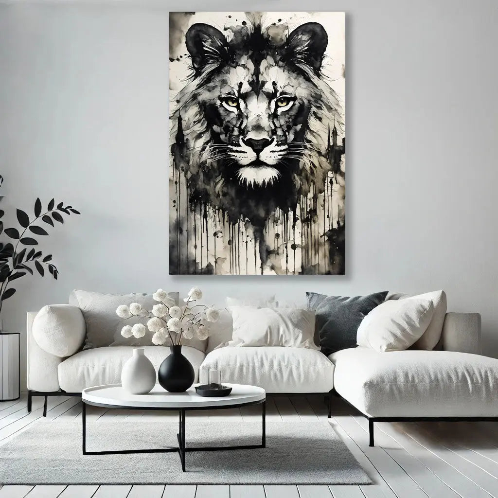 Le Tableau Lion Noir et Blanc s’intègre parfaitement dans un décor contemporain, accentuant l’élégance de la pièce par ses nuances en noir et blanc. Ce tableau street art attire l’attention et ajoute une dimension artistique aux environnements modernes et raffinés, mettant en valeur le caractère du lion avec une touche de mystère. Idéal pour les amateurs de Tableau Animaux Noir et Blanc et de Tableau Lion Street Art.

