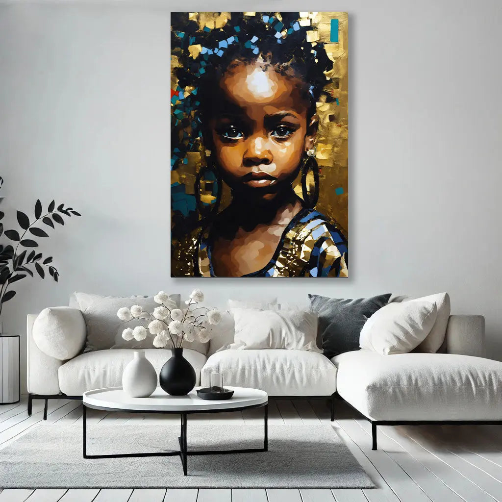 Pour le tableau dans une pièce : Le Tableau Petite Fille Africaine apporte une touche artistique et culturelle à la pièce, se mariant avec des décors modernes et classiques. Sa présence sublime l'espace par ses nuances et détails raffinés.