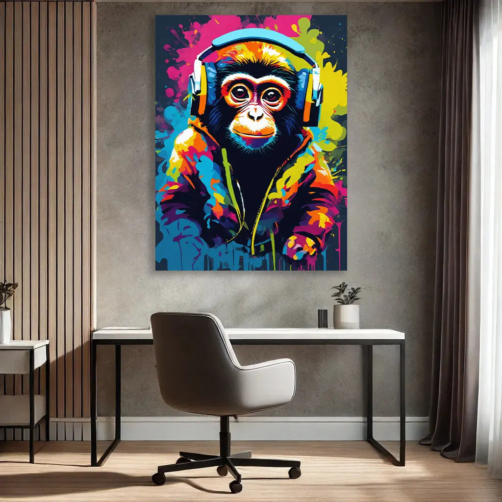 Ce Tableau Singe DJ apporte une énergie urbaine et colorée à la pièce, parfait pour une ambiance street art audacieuse. Avec ses couleurs vives et son design unique, il s’intègre dans tout style de décoration moderne. Image