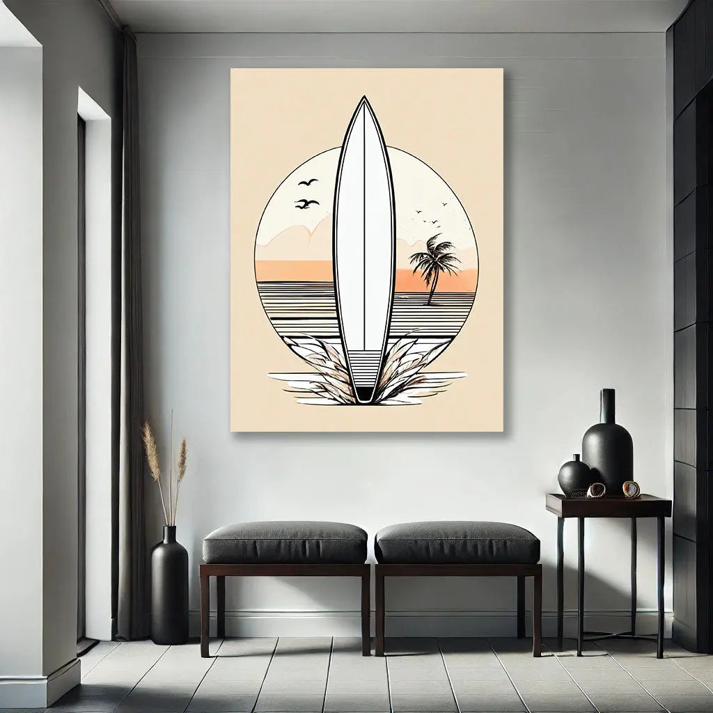 Ce Tableau Surf Minimaliste, avec ses lignes épurées et ses tons doux, ajoute une ambiance relaxante et sophistiquée à une pièce moderne ou scandinave.